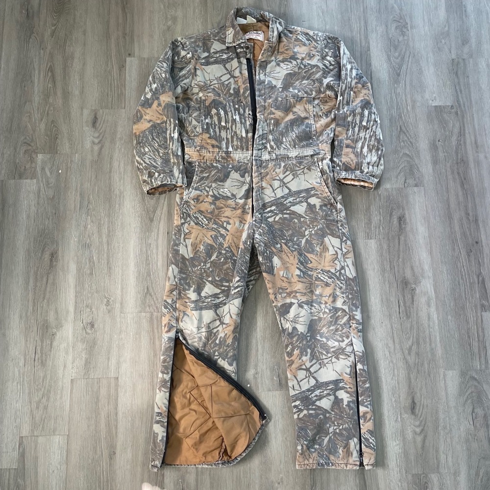 Realtree Insulated Camo Coveralls Mens M Brown Timber Hunting Suit Good Zip Leg
